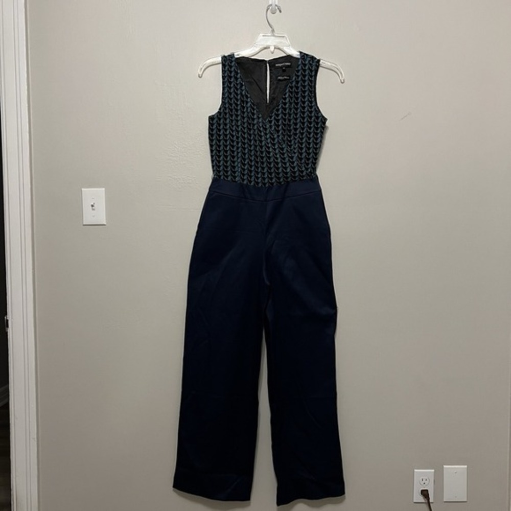 Newport News Navy Blue Geometric Lace Top Wide Leg Jumpsuit Size 8 vintage NWT